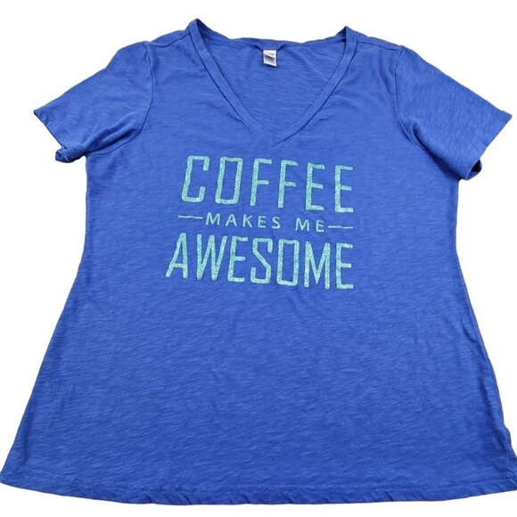 Coffee Makes Me Awesome Women Blue Graphic Tee Top Green Size Large   JH1054 - Picture 1 of 5